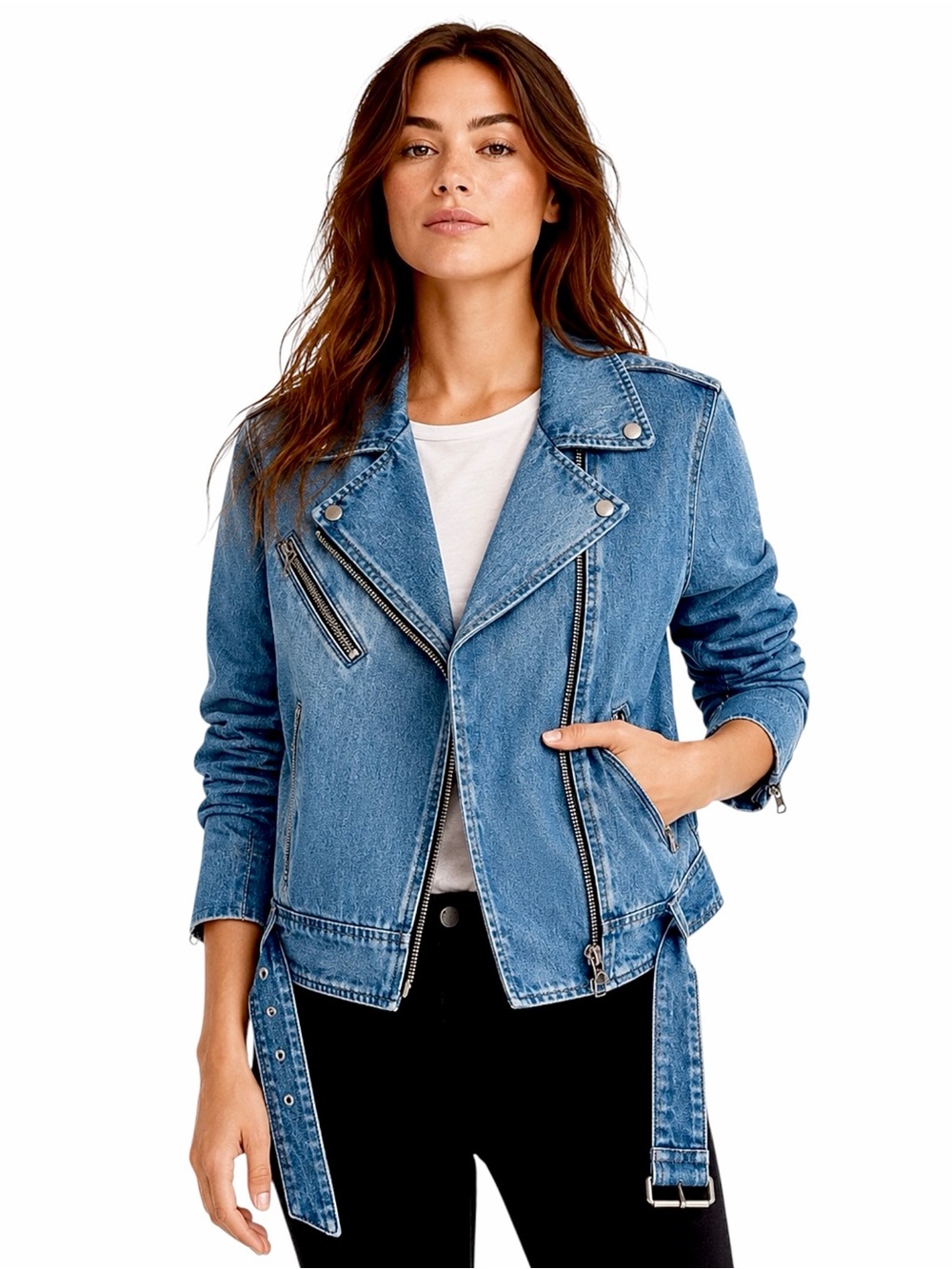 NWOT Rag & Bone / Abbey Denim Moto Jacket - Medium Wash Blue - Sz M